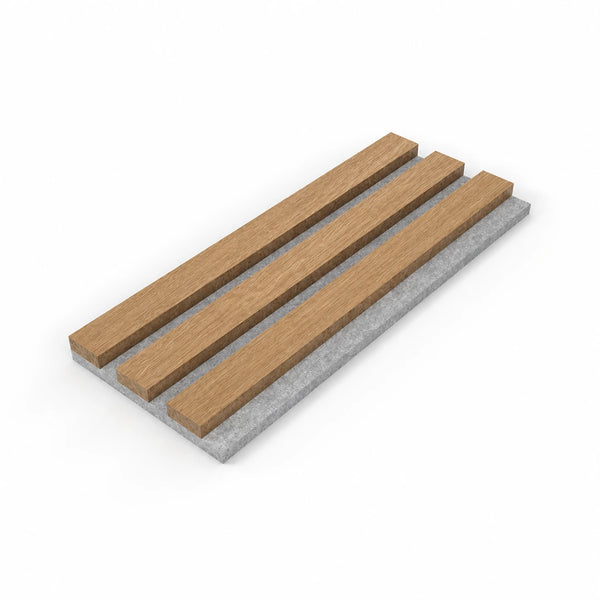 Acupanel natural oak wood veneer panel sample on grey felt backing showing oiled grain detail