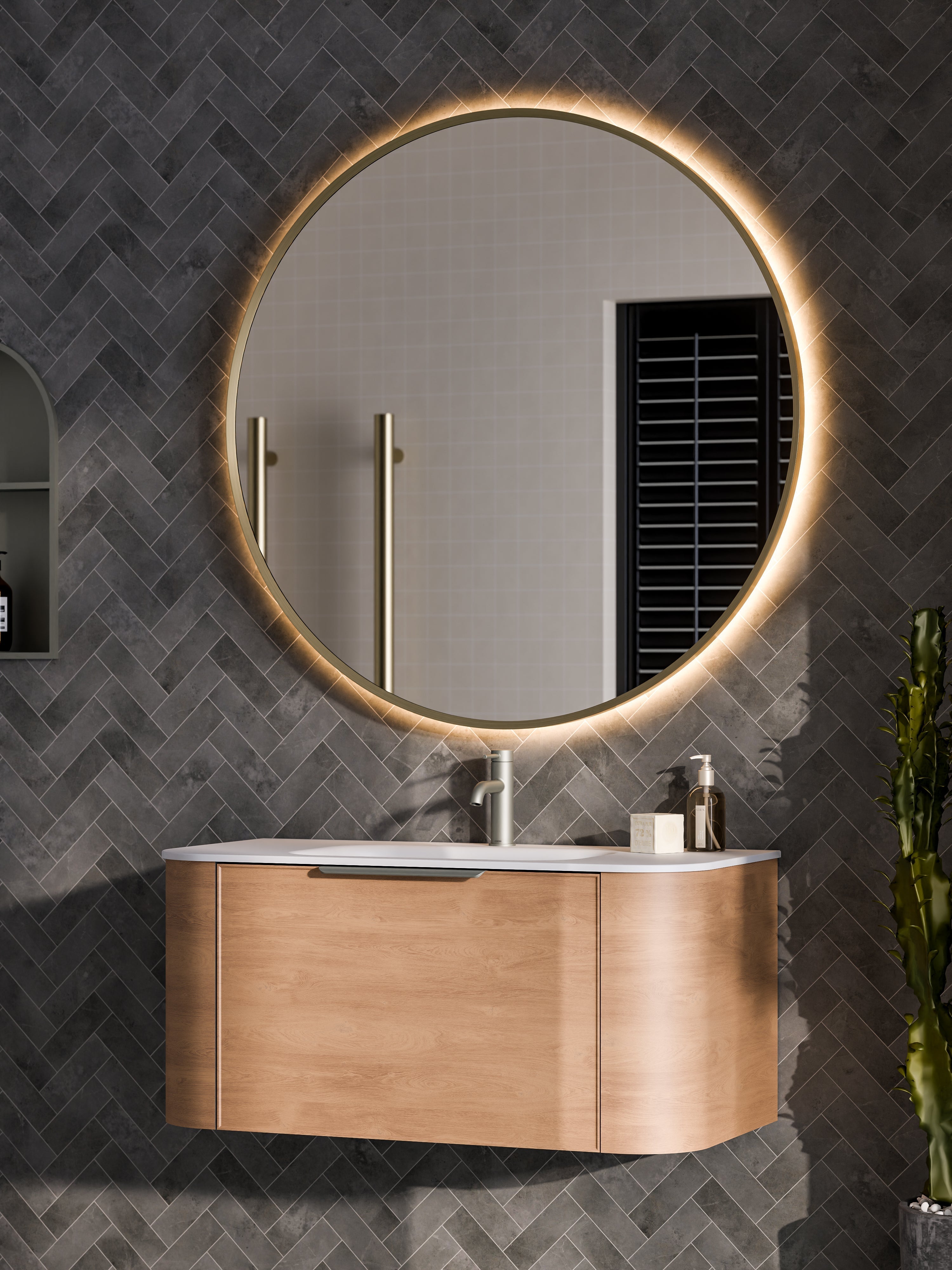 Aura round mirror mounted on Acupanel oak slat wall showing panel mount compatibility