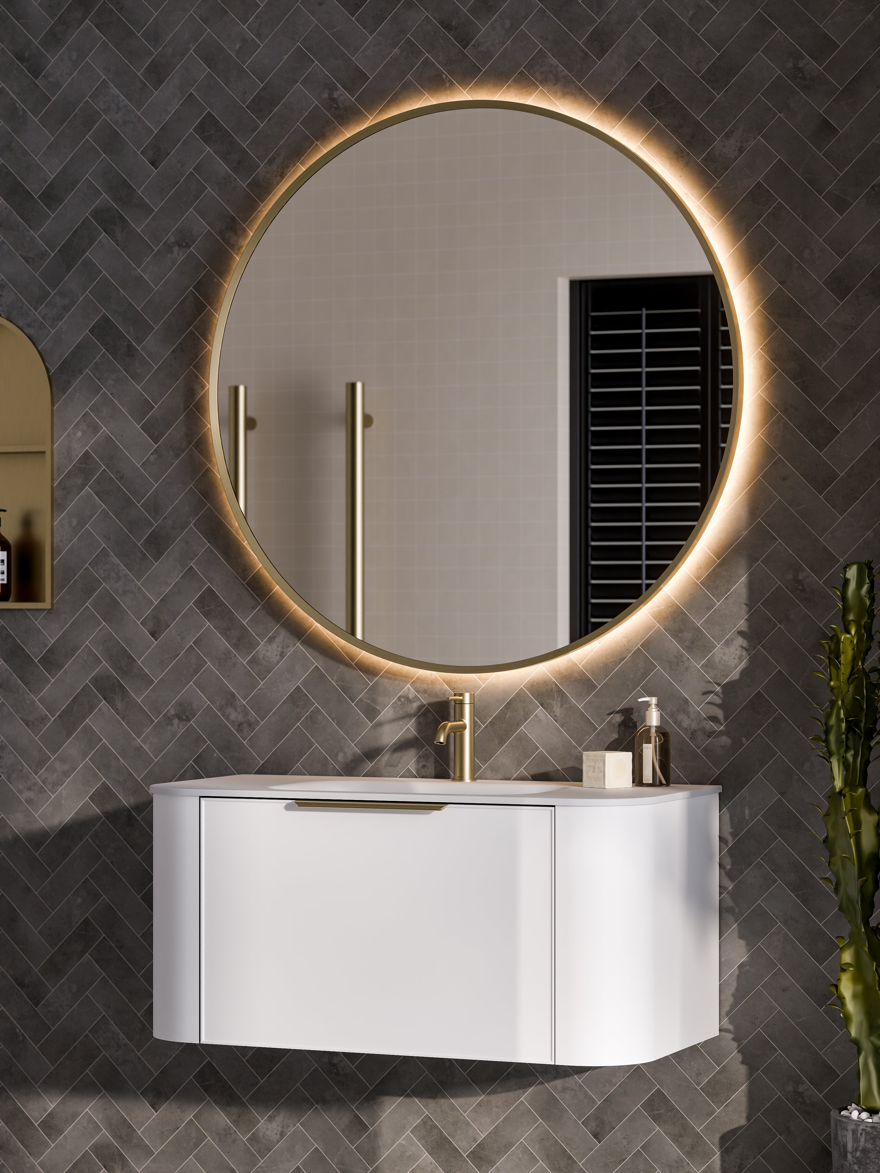 Side profile view of Aura round LED mirror showing slim frame depth and mounting system