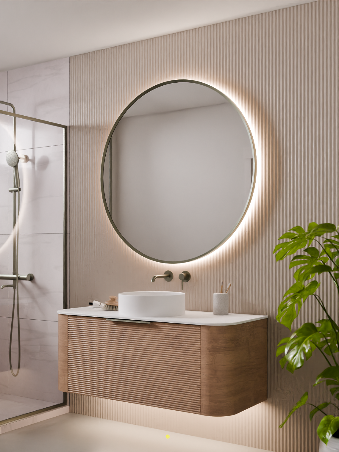 Aura LED round mirror light temperature comparison showing warm and cool white modes