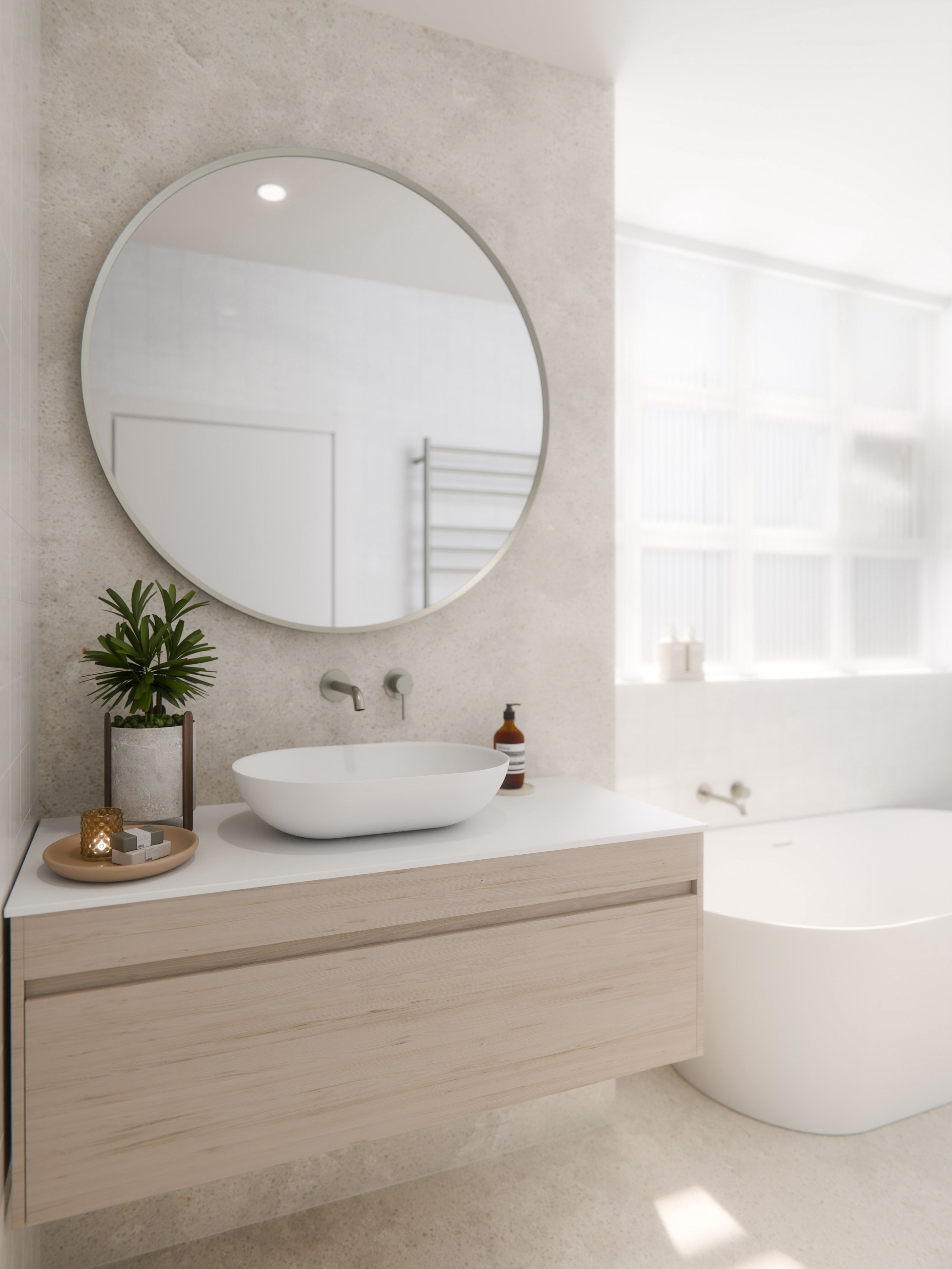 Aura round LED mirror in brushed nickel frame finish variant on white background