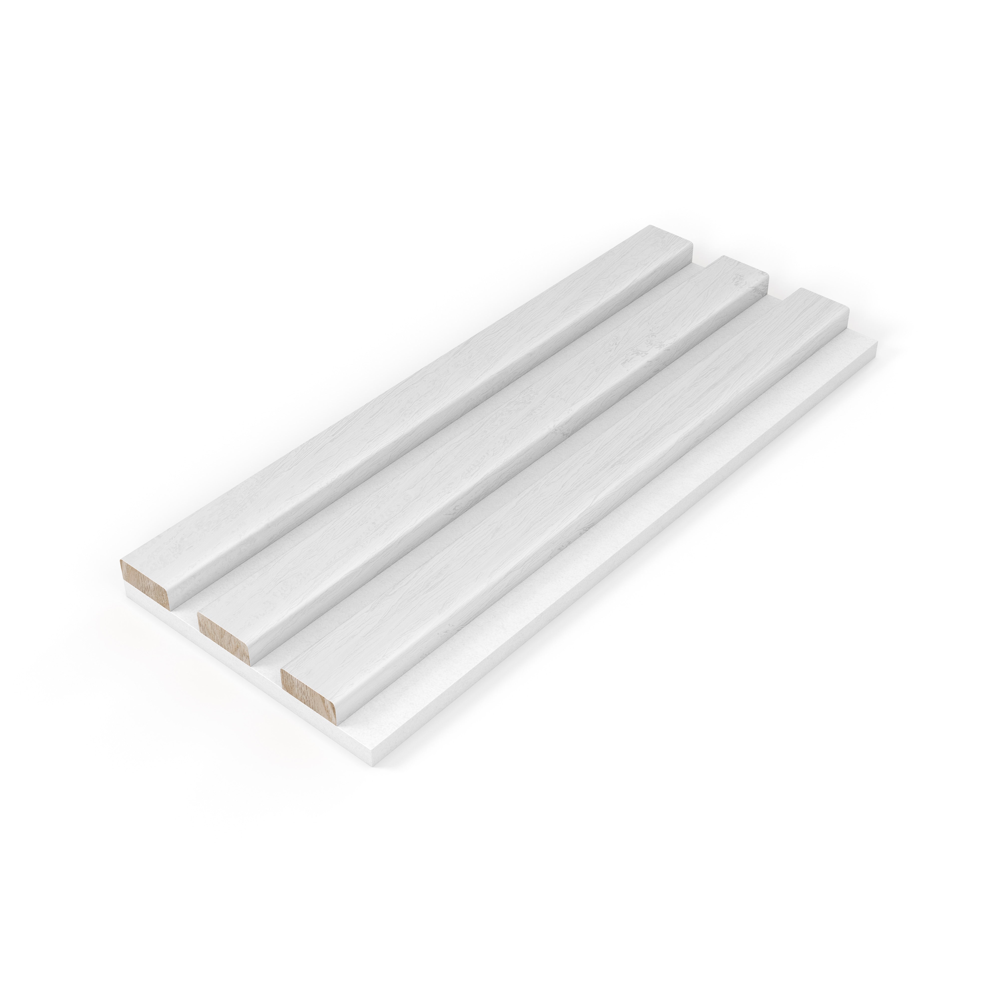 Acupanel white laminate acoustic panel sample showing white slats on white felt backing with MDF core
