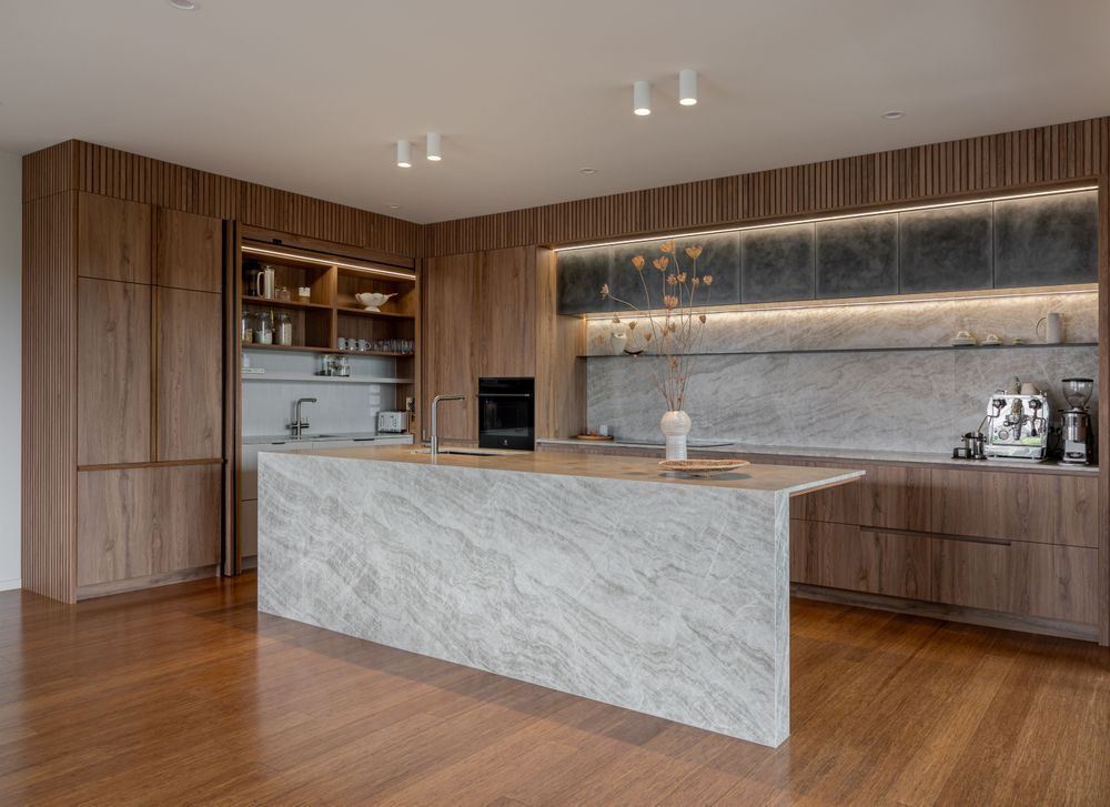 Genia solid timber interior linings in a New Zealand kitchen — Matapouri project