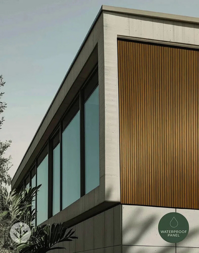 Plaank oak exterior panels on poolside cabana wall blending outdoor living with natural tones