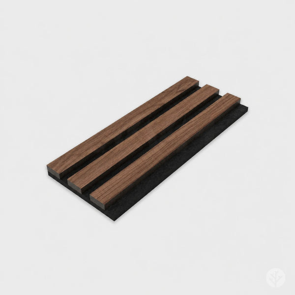 Acupanel walnut wood veneer panel sample showing deep brown grain on black felt backing