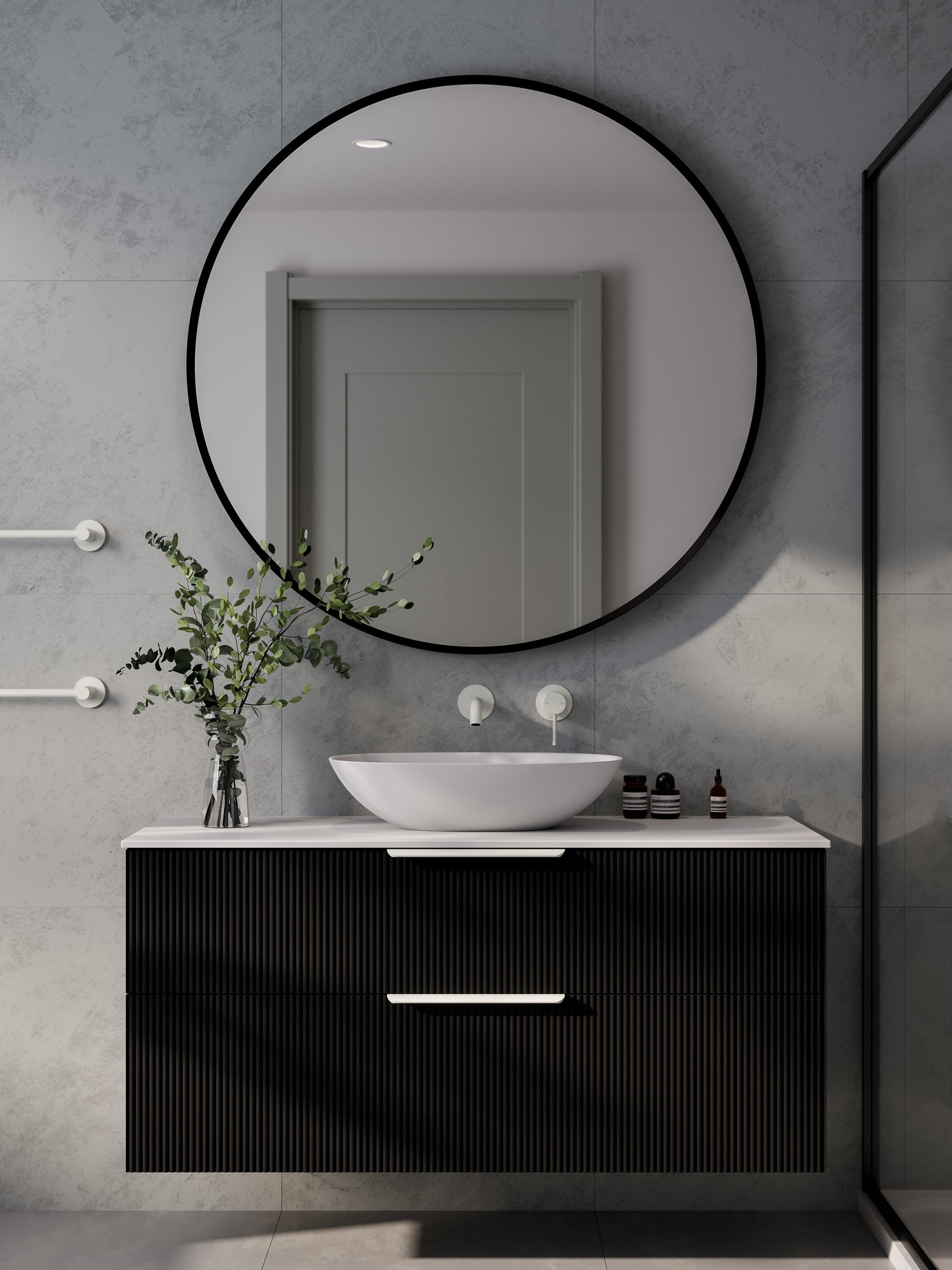 Code Interiors Aura LED round framed mirror with backlit glow on grey background