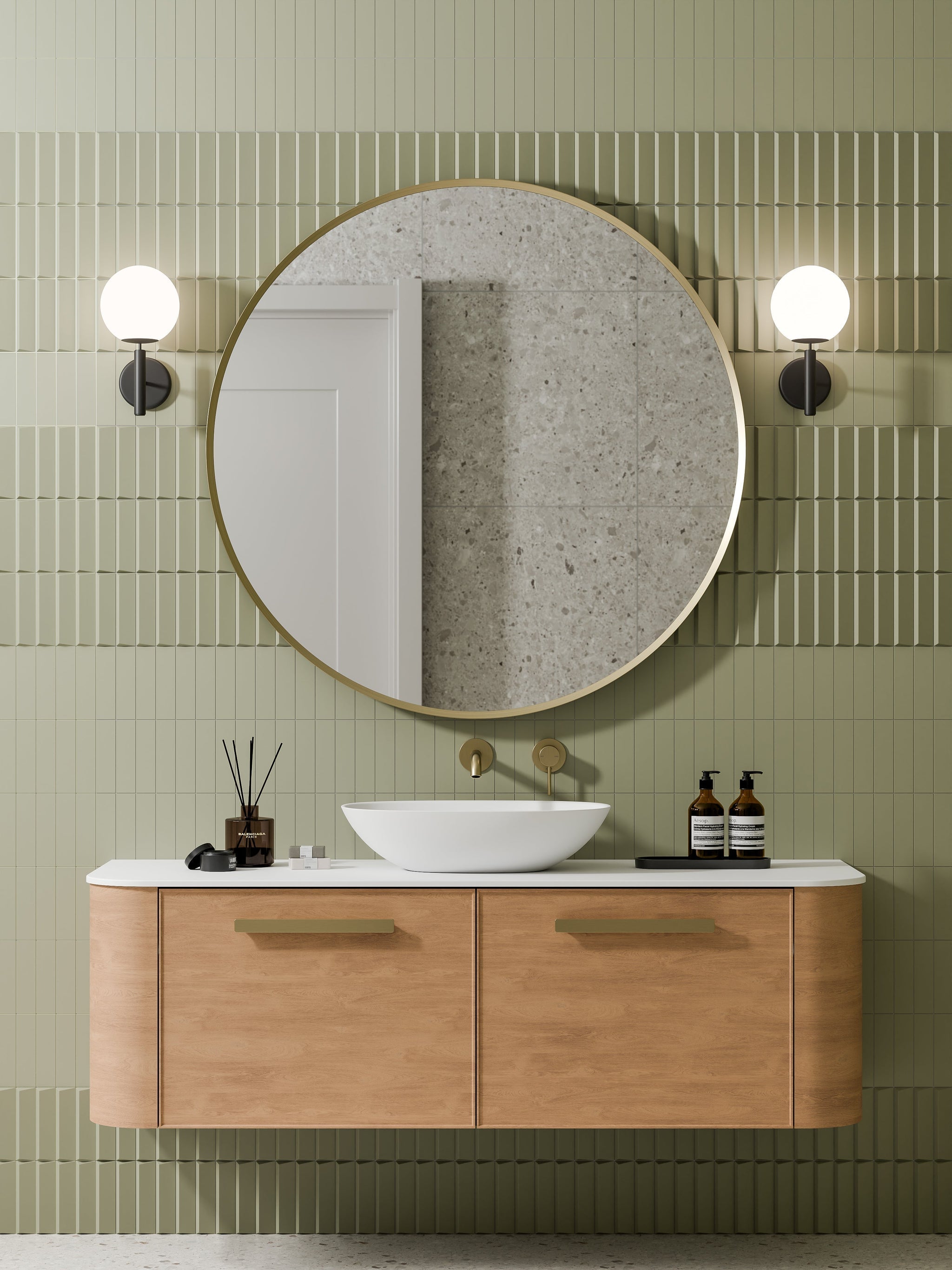 Aura round LED mirror in matte white frame finish variant on white background