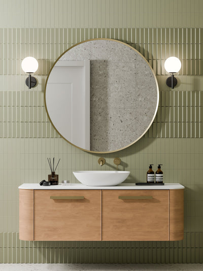 Aura round LED mirror in matte white frame finish variant on white background