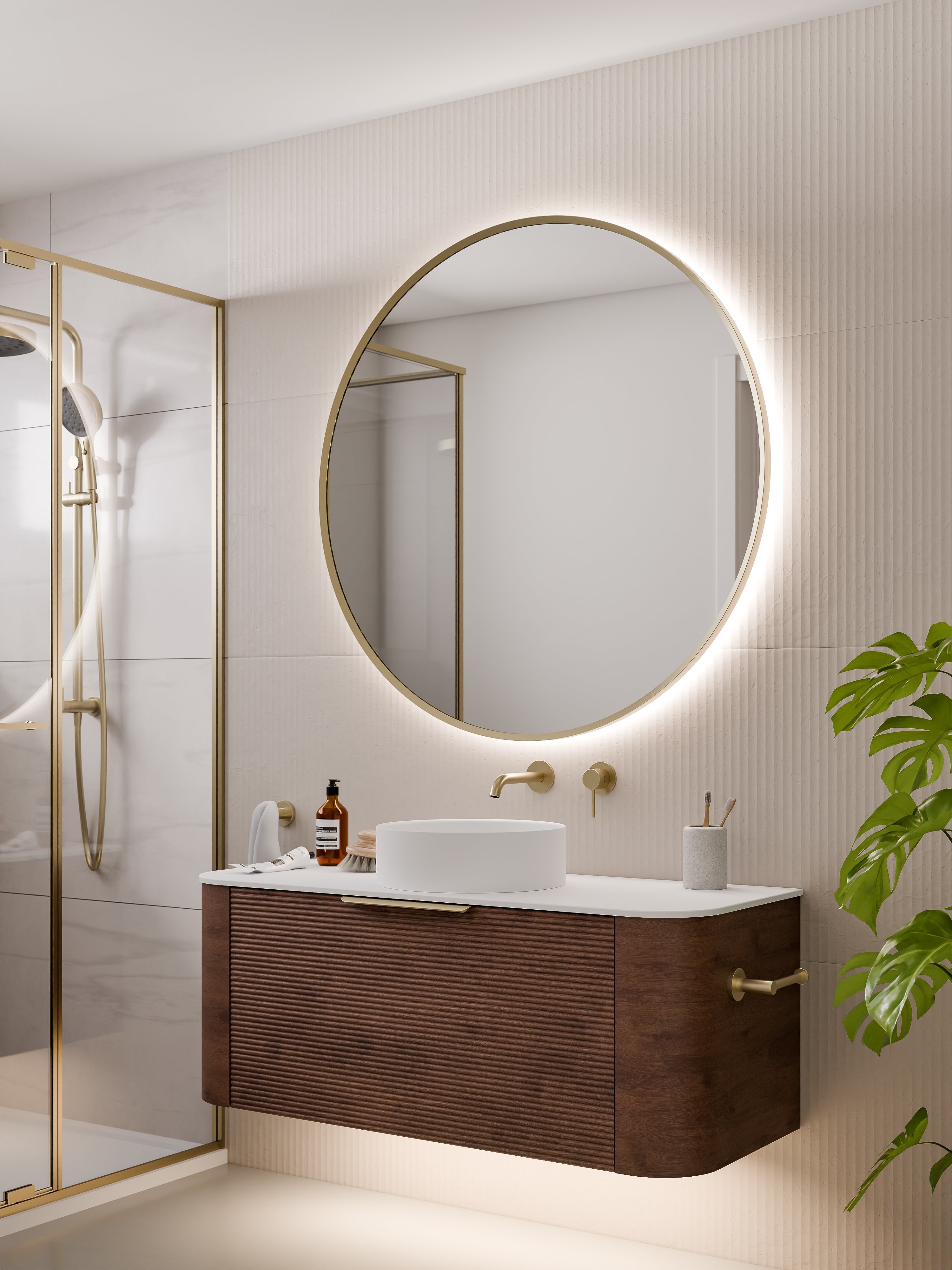 Back view of Aura round mirror showing wall mounting bracket and electrical connection