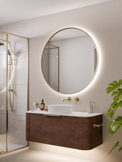 Back view of Aura round mirror showing wall mounting bracket and electrical connection