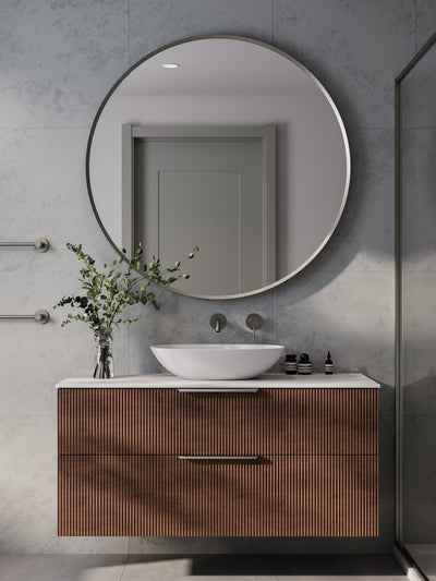 Aura round mirror anti-fog function with clear reflection in steamy bathroom setting