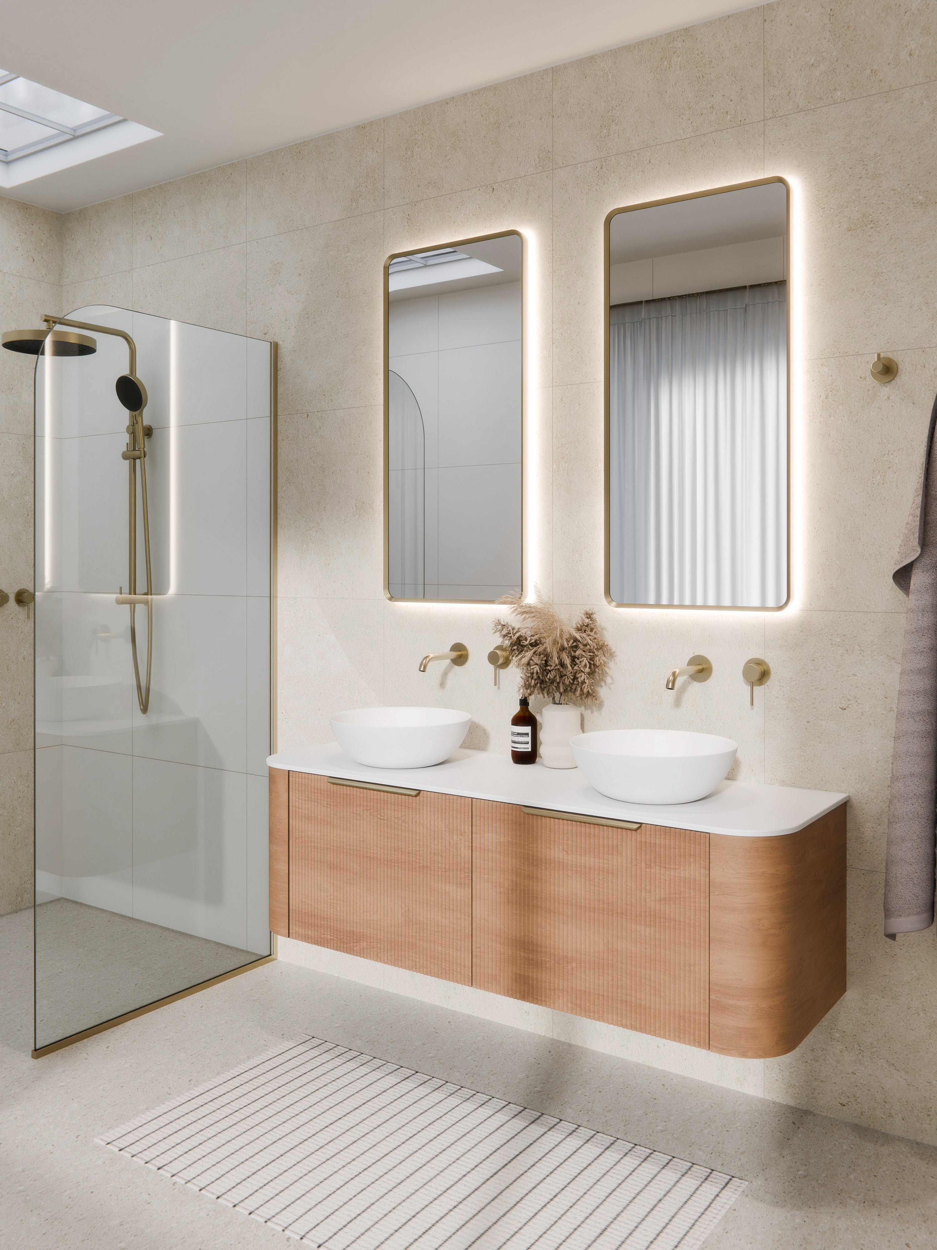 Code Interiors Aura LED rectangle framed mirror with backlit glow on grey background