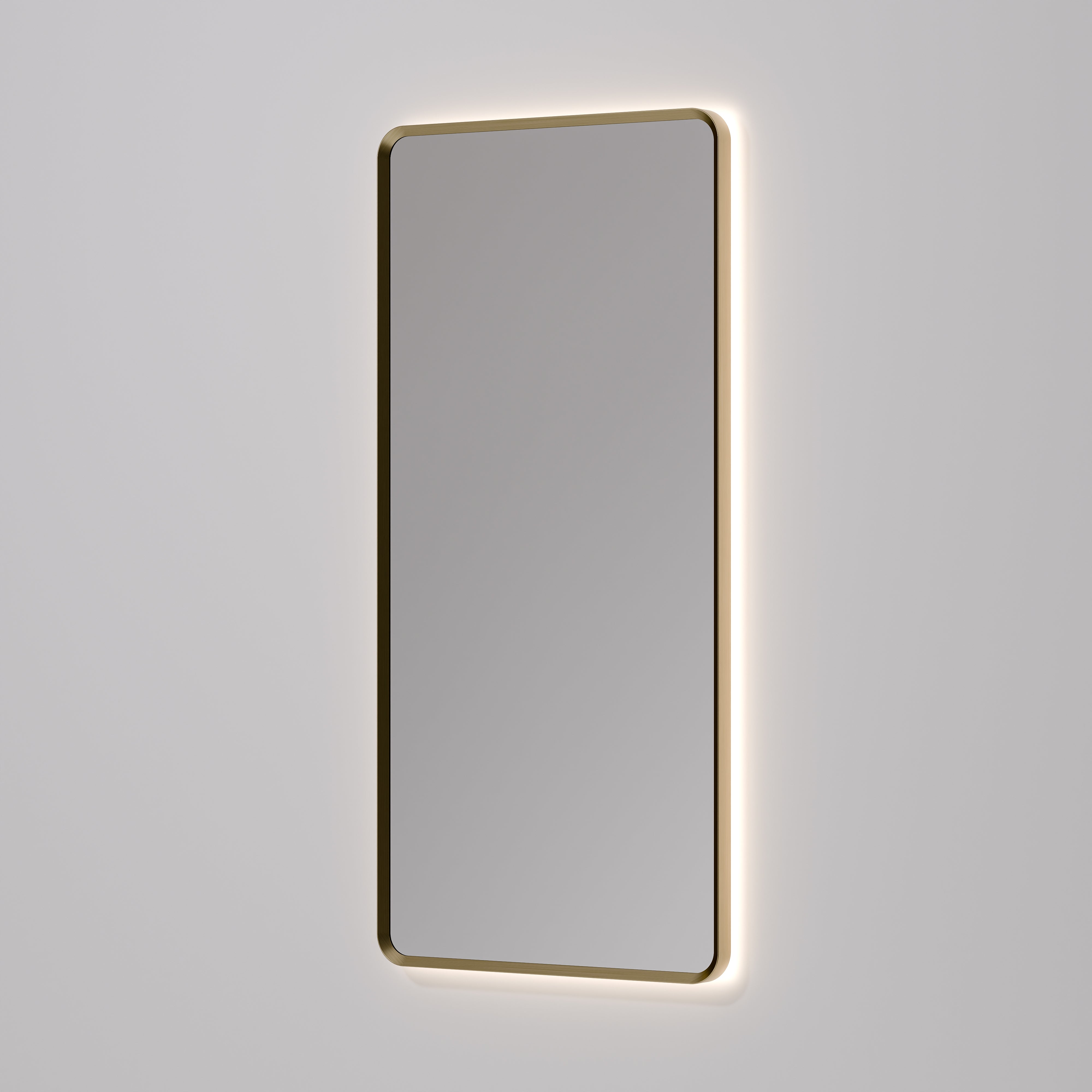 Aura rectangle mirror with LED backlight switched on in dimly lit bathroom setting
