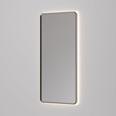 Aura rectangle LED mirror in gold frame finish variant on white background