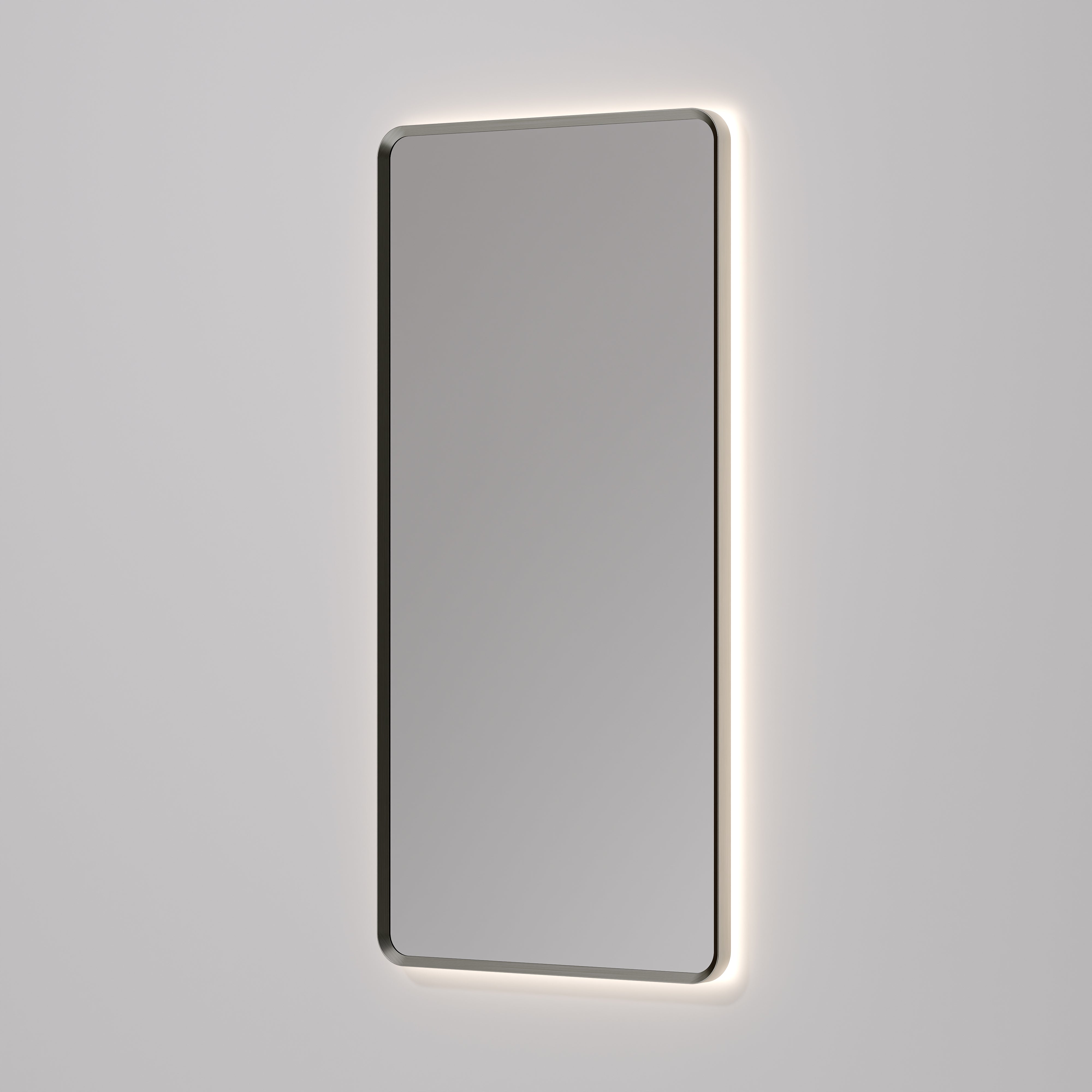 Aura rectangle LED mirror in gold frame finish variant on white background