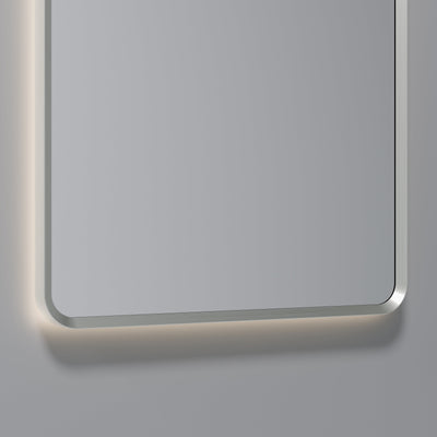 Aura rectangle LED mirror in brushed nickel frame finish variant on white background