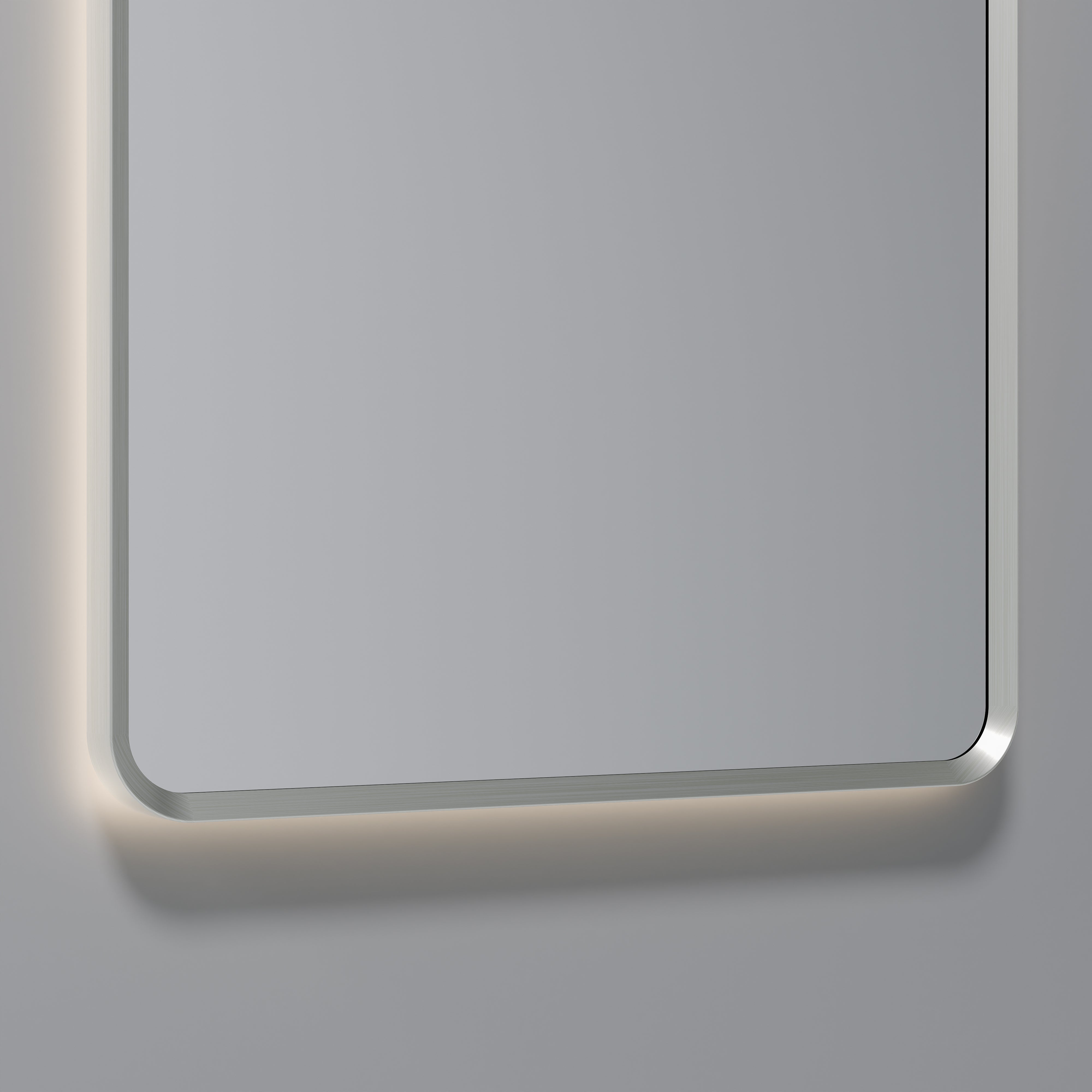 Aura rectangle LED mirror in brushed nickel frame finish variant on white background