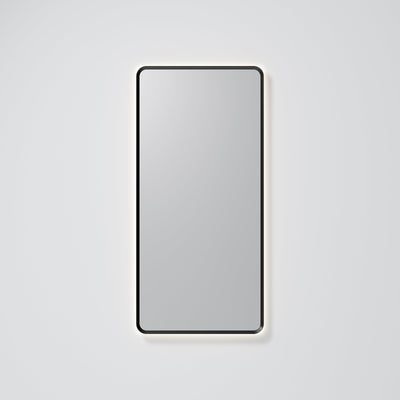 Back view of Aura rectangle mirror showing wall mounting system and wiring connection