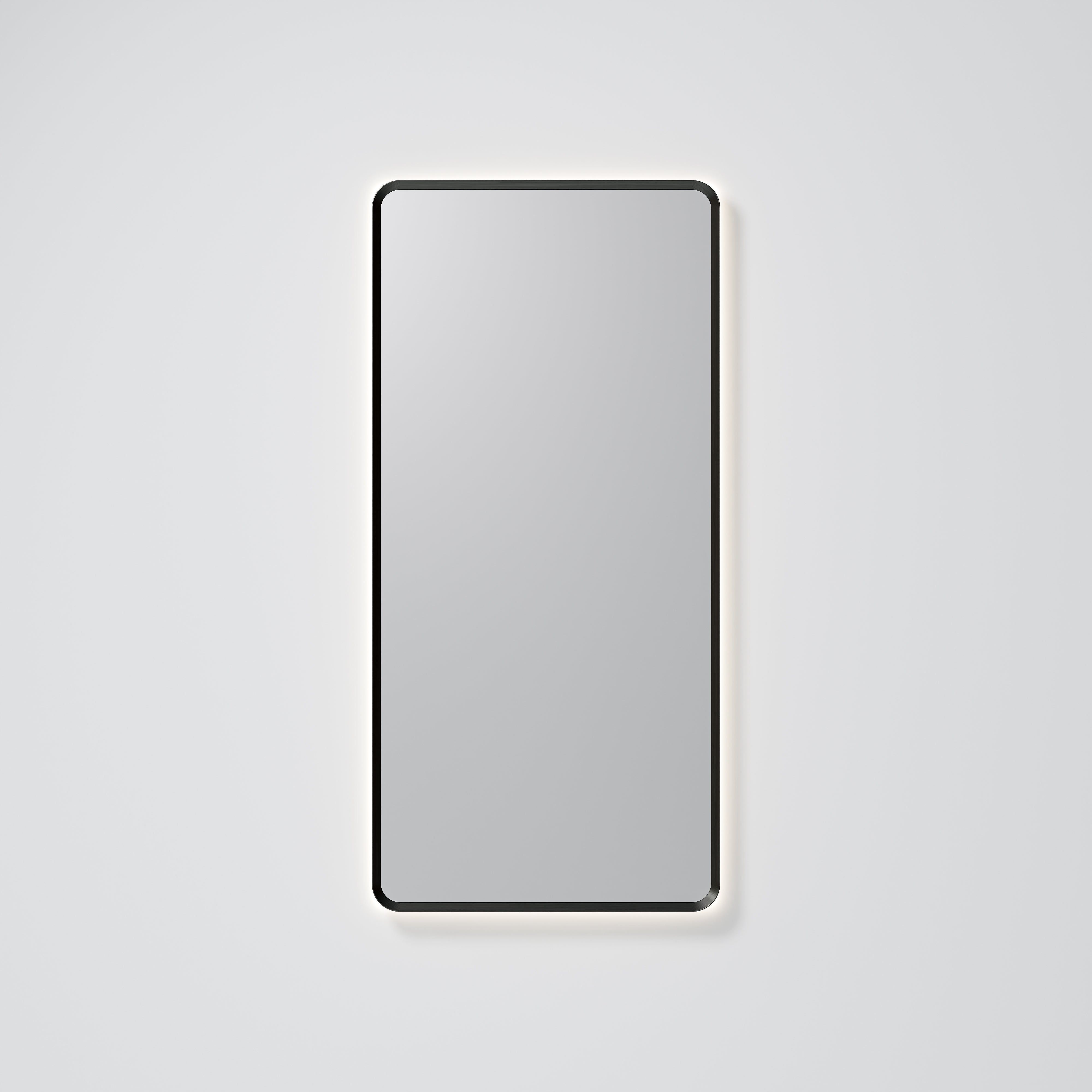 Back view of Aura rectangle mirror showing wall mounting system and wiring connection