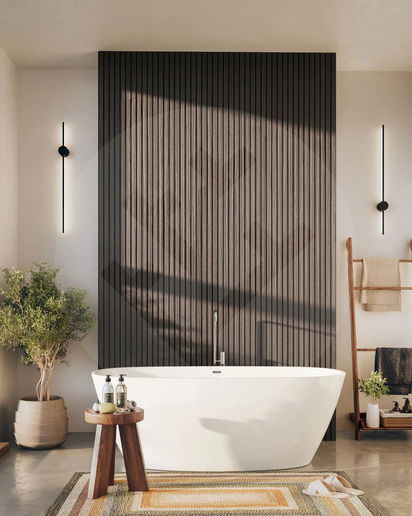 Feature infographic showing Plaank walnut panel benefits weather resistance and UV stability