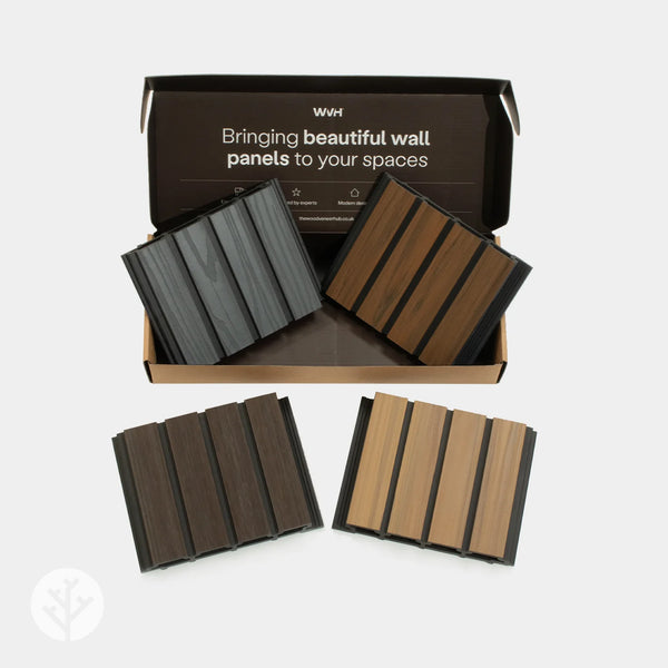 Plaank exterior panel sample box open showing all four colour samples in composite material