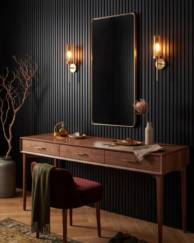 Acupanel Black acoustic slat wall panels behind a bedroom vanity