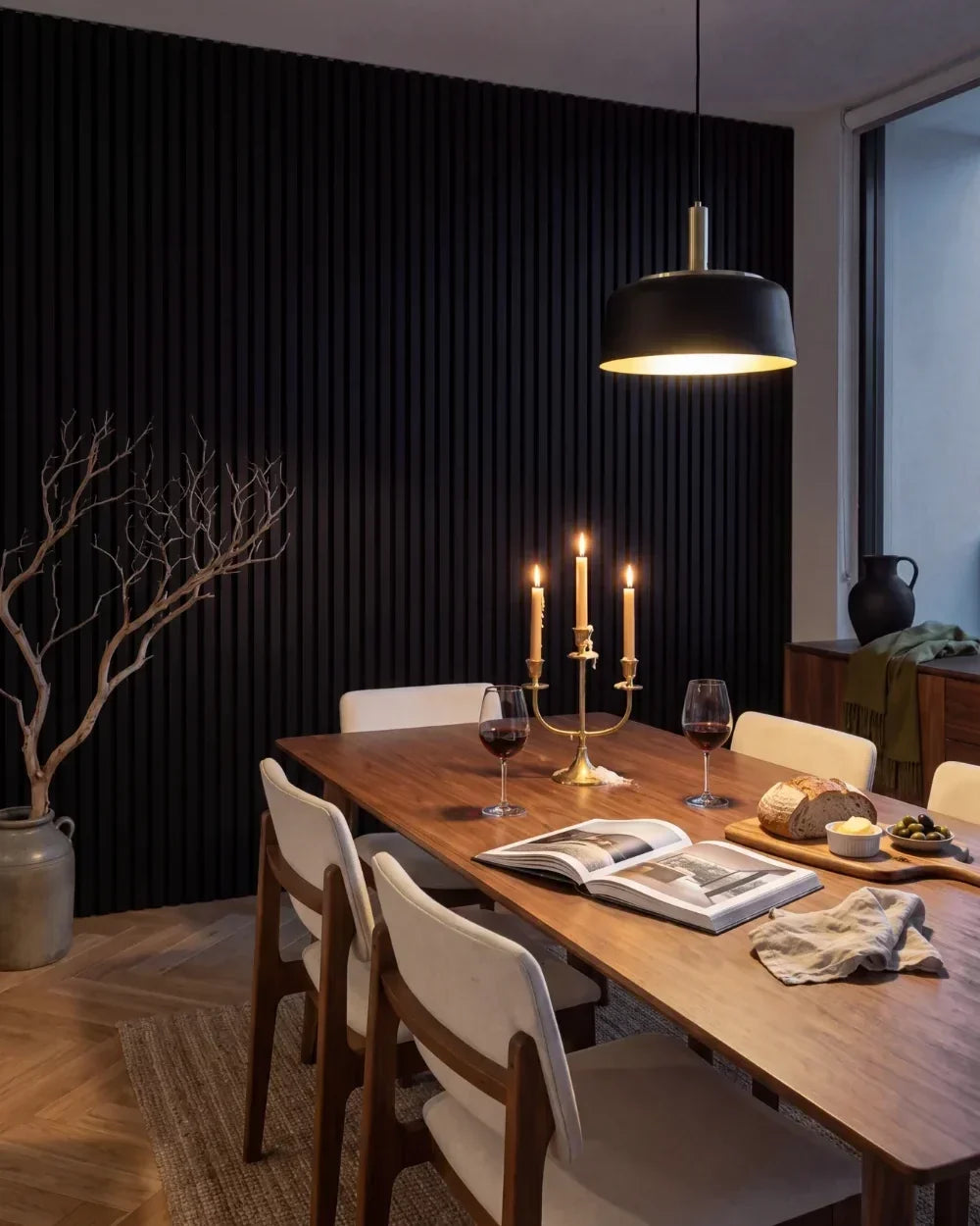 Acupanel Black acoustic slat wall panels in a dining room