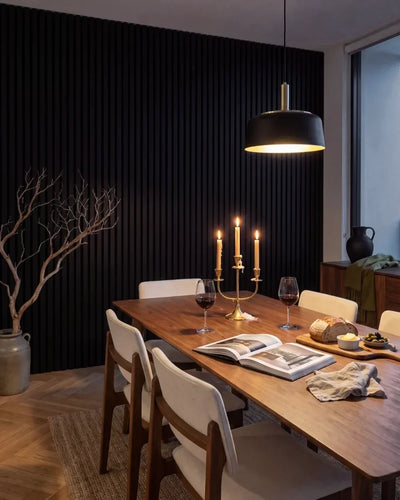 Acupanel Black acoustic slat wall panels in a dining room