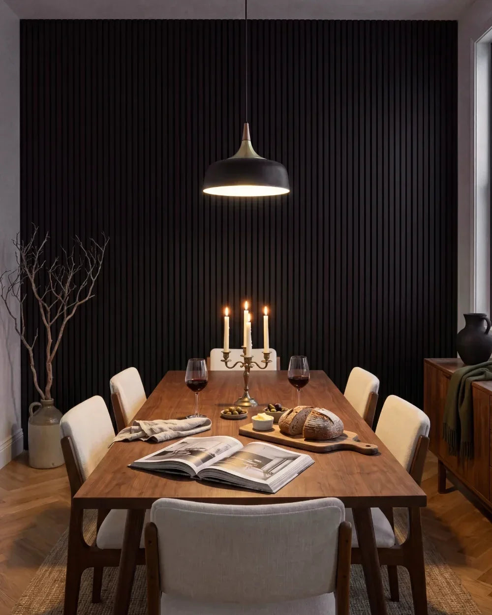 Acupanel Black acoustic slat wall panels in a dining room