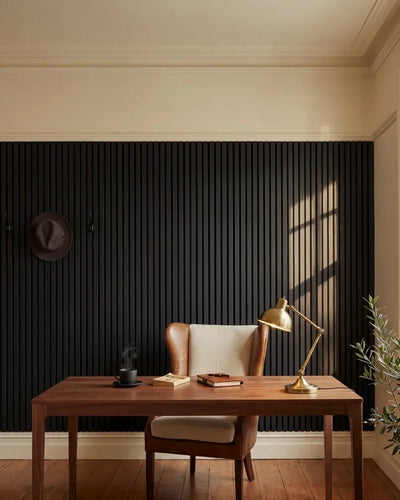 Acupanel Black acoustic slat wall panels in an office