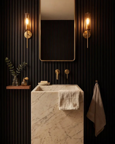 Acupanel Black acoustic slat wall panels in a powder room