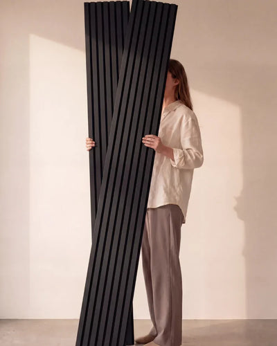 Acupanel Black acoustic slat wall panels held in studio