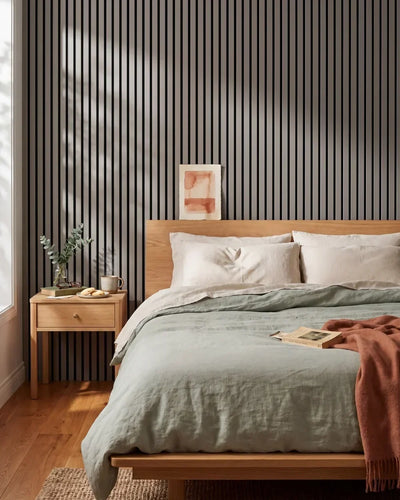 Acupanel Dusty Grey acoustic slat wall panels in a bedroom