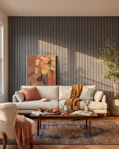Acupanel Dusty Grey acoustic slat wall panels in a lounge