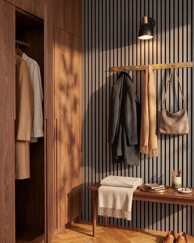 Acupanel Dusty Grey acoustic slat wall panels in a walk in wardrobe