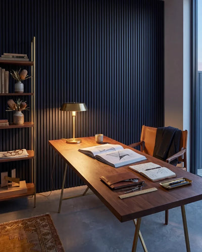 Acupanel Midnight Blue acoustic slat wall panels in an architects office