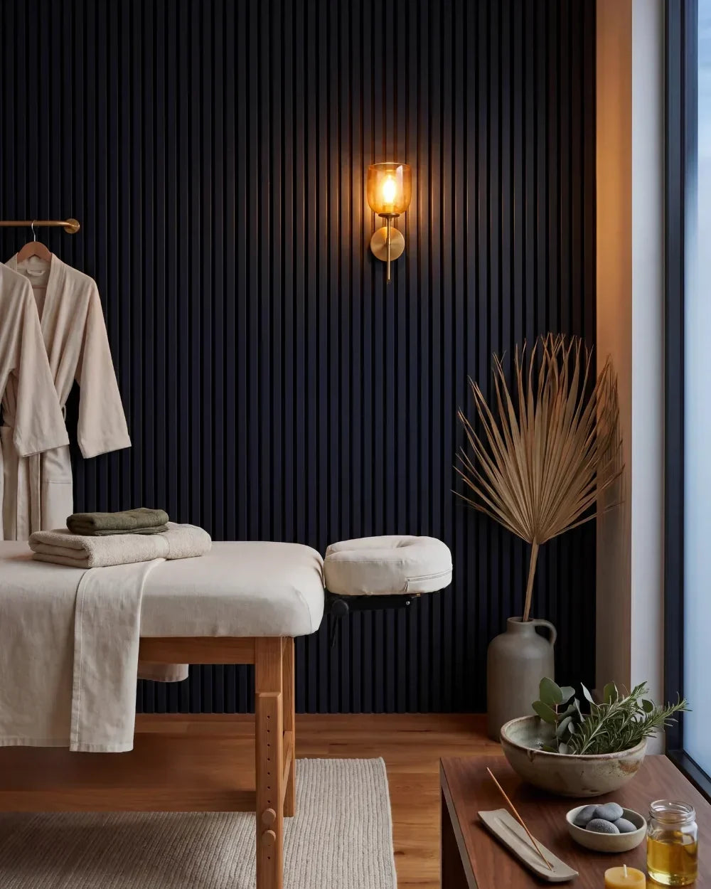 Acupanel Midnight Blue acoustic slat wall panels in a treatment room