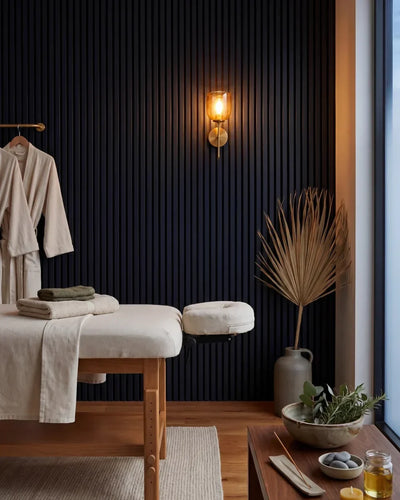 Acupanel Midnight Blue acoustic slat wall panels in a treatment room