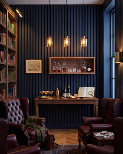 Acupanel Midnight Blue acoustic slat wall panels in a private whisky lounge