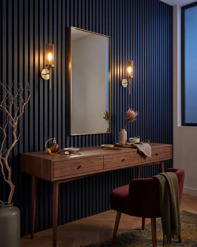 Acupanel Midnight Blue acoustic slat wall panels behind a bedroom vanity
