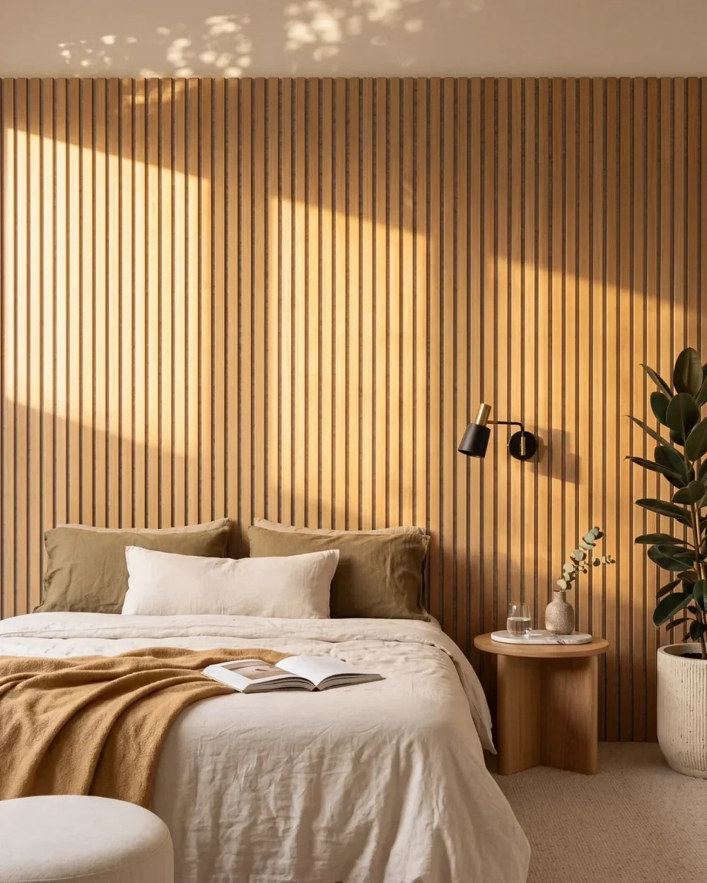 Acupanel Natural Oak (Grey Felt) acoustic slat wall panels in a bedroom