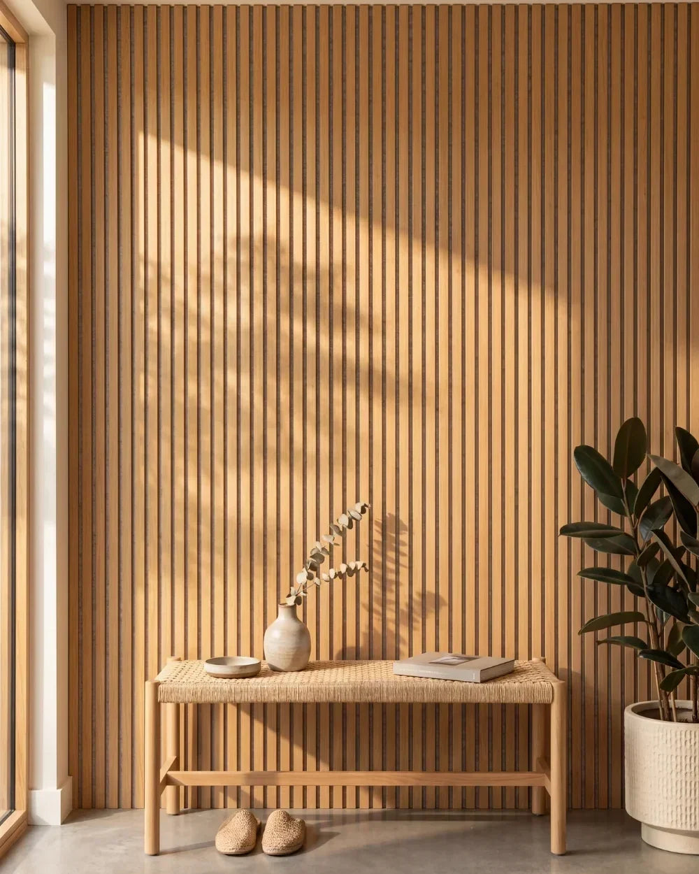 Acupanel Natural Oak (Grey Felt) acoustic slat wall panels in an entrance way