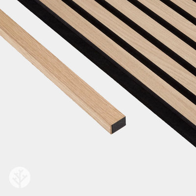 Bundle of Acupanel oak end piece trims showing cross-section profile with felt edge detail