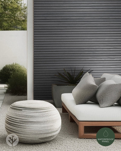 Modern home exterior with Plaank grey composite slat panels as contemporary facade cladding