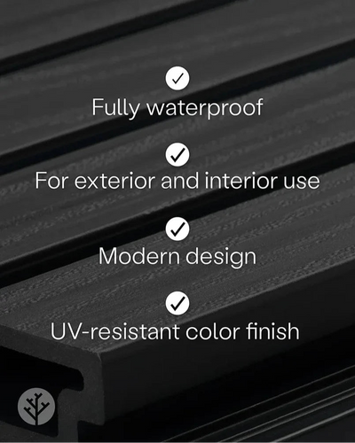 Feature infographic showing Plaank grey panel benefits weatherproof and low maintenance