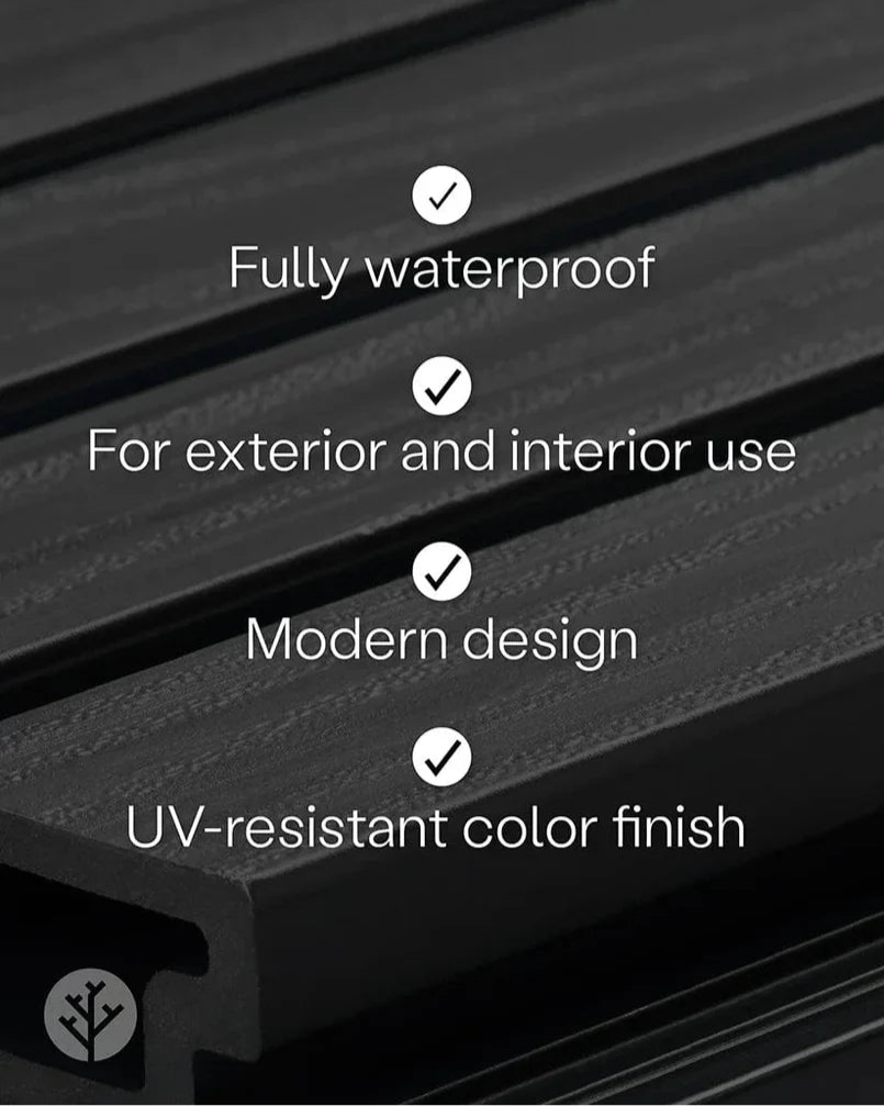 Feature infographic showing Plaank grey panel benefits weatherproof and low maintenance