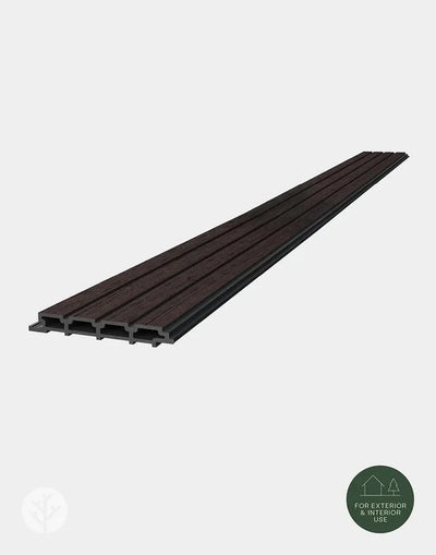 Outdoor area featuring Plaank walnut slat wall panels with contemporary furniture styling