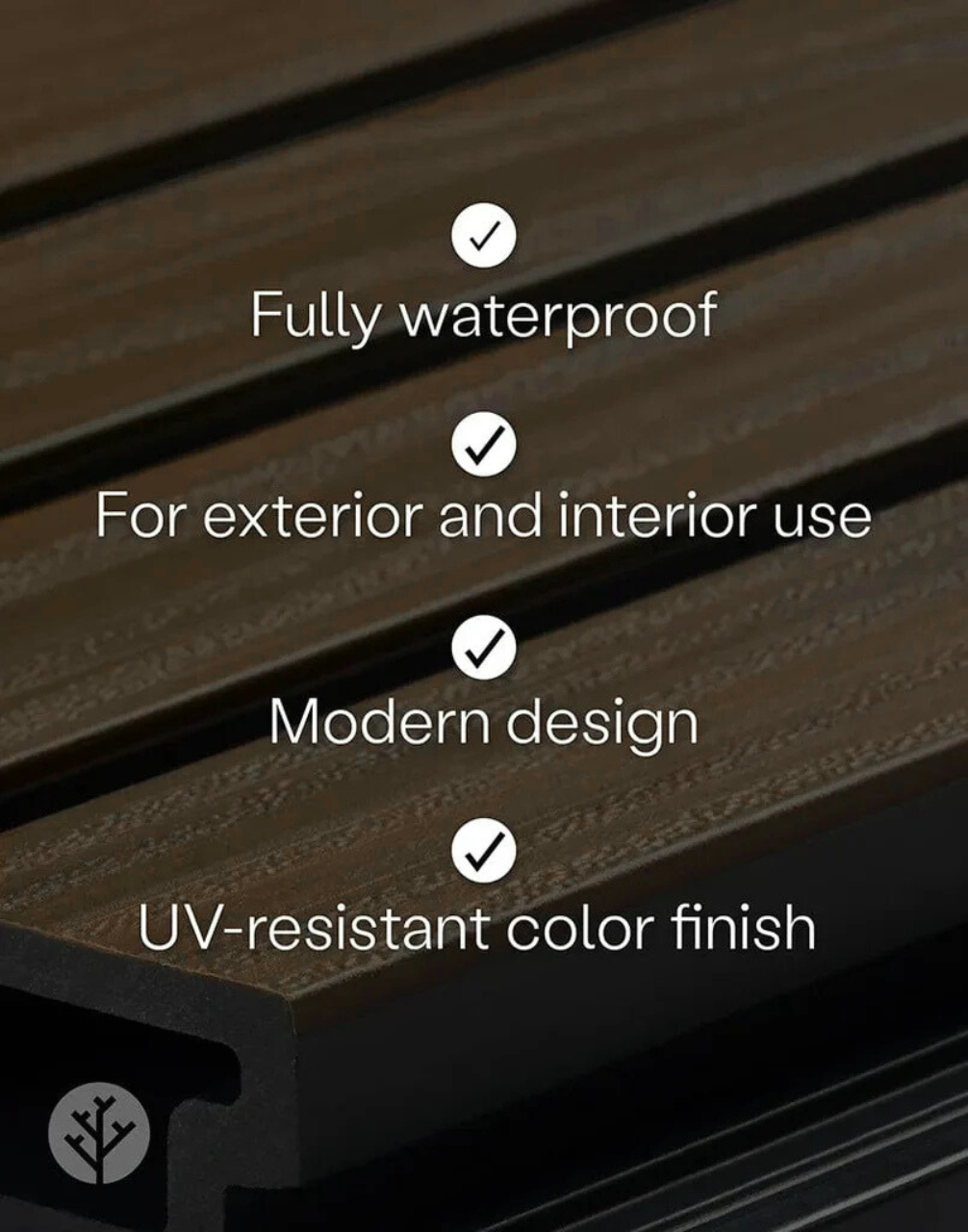 Feature infographic showing Plaank oak panel benefits weather resistance and wood-effect finish
