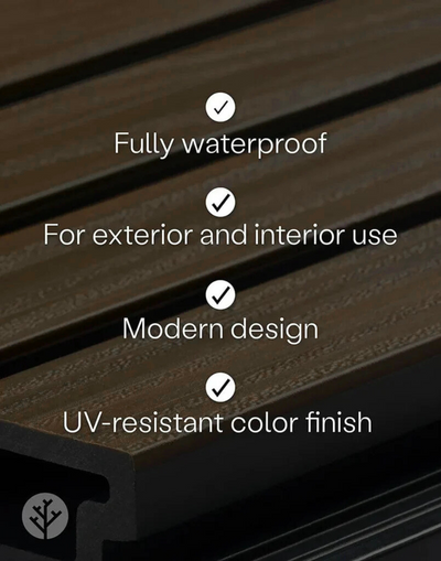 Feature infographic showing Plaank oak panel benefits weather resistance and wood-effect finish