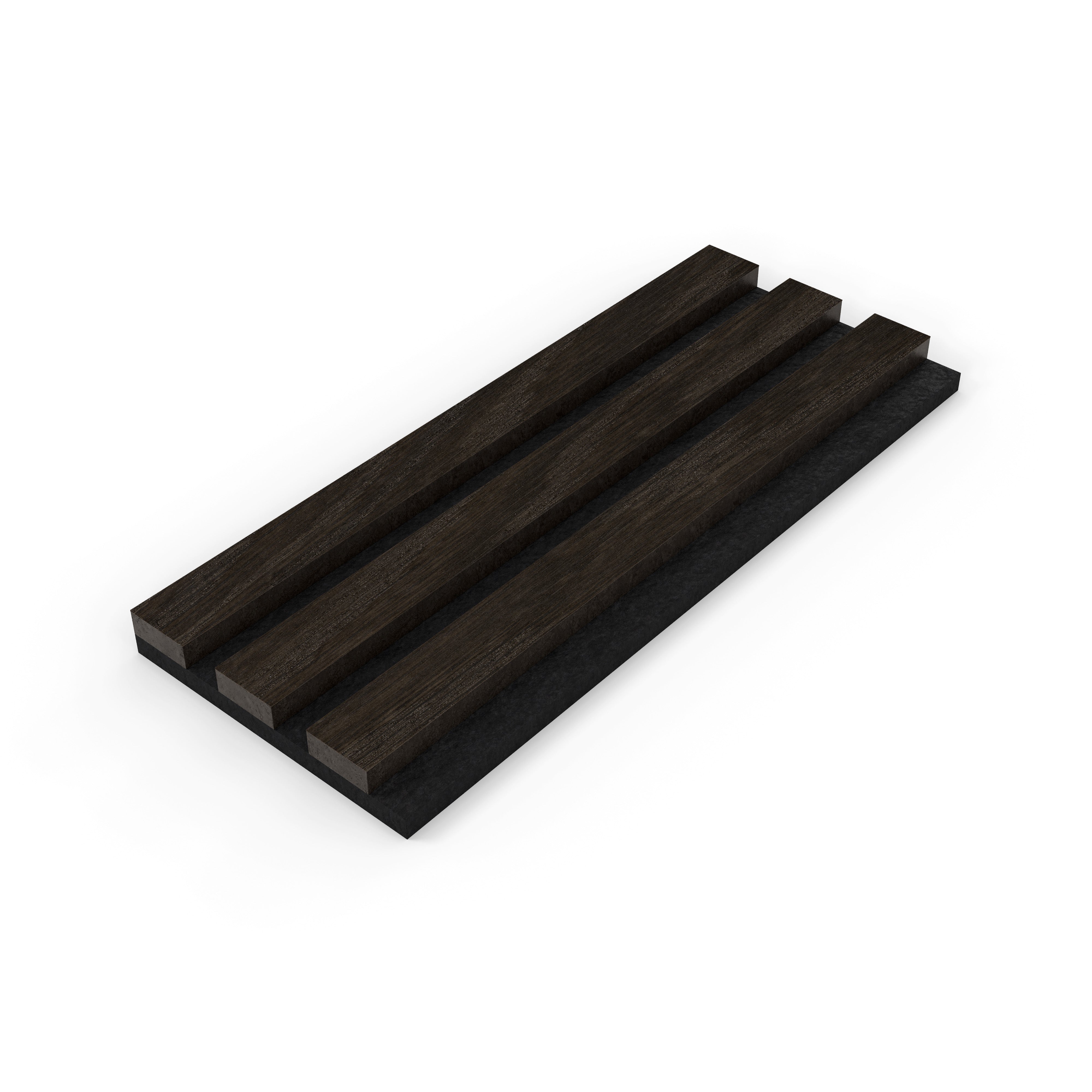 Acupanel smoked oak wood veneer panel sample showing dark rich grain on black felt backing